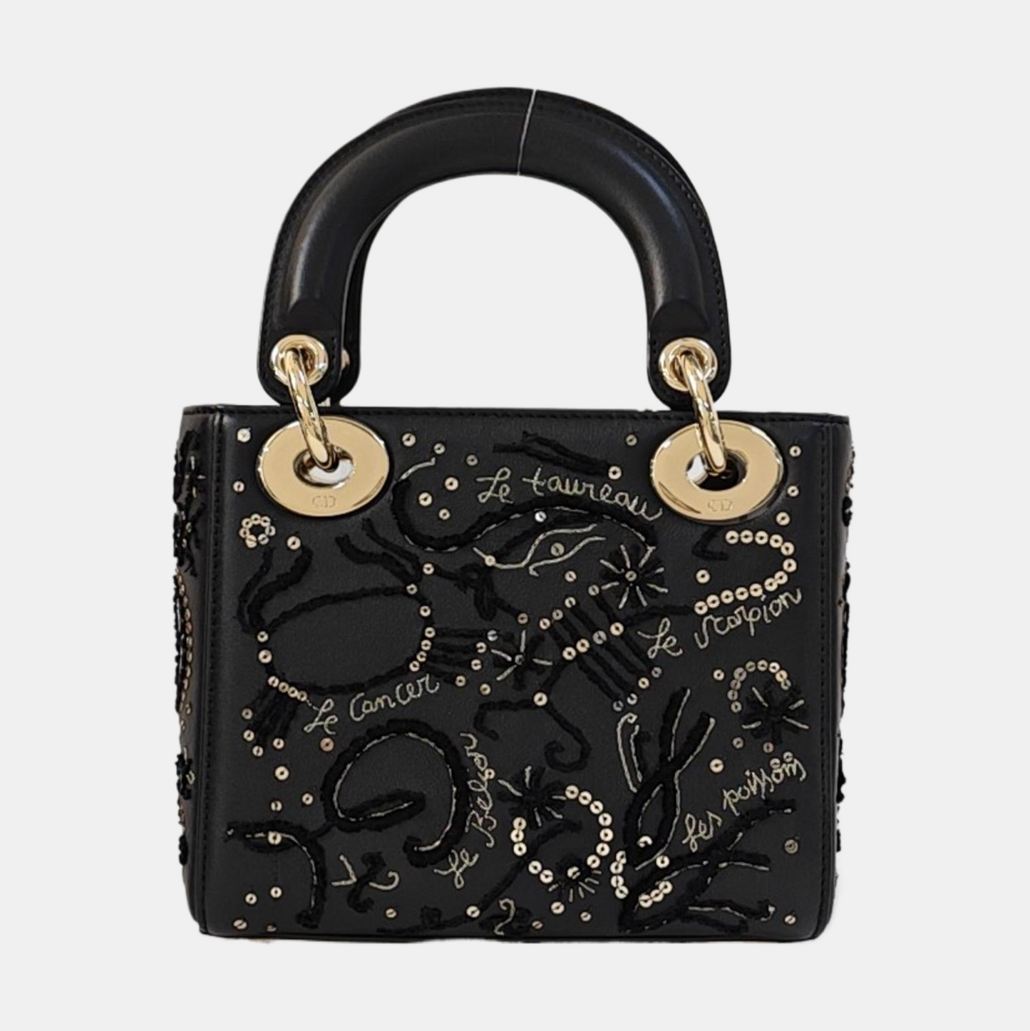 DIOR Lady Dior Mini Black Calfskin Embroidered Weaved Dior Bag Crossbody Shoulder Bag with Gold Hardware, Detachable Strap-(SKU)-965267708