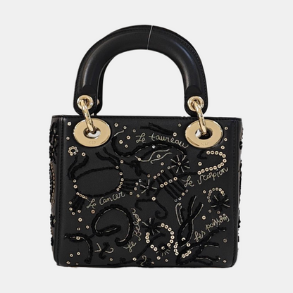 DIOR Lady Dior Mini Black Calfskin Embroidered Weaved Dior Bag Crossbody Shoulder Bag with Gold Hardware, Detachable Strap-(SKU)-965267708