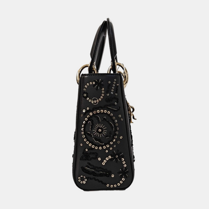 DIOR Lady Dior Mini Black Calfskin Embroidered Weaved Dior Bag Crossbody Shoulder Bag with Gold Hardware, Detachable Strap-(SKU)-965267708