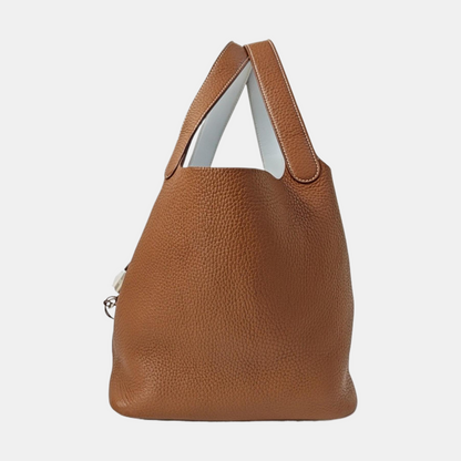 HERMÈS Picotin Lock 22 Gold Brown Clemence Leather Basket Tote Bag Shoulder Bag Silver Hardware Z-(SKU)-965274006