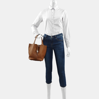 HERMÈS Picotin Lock 22 Gold Brown Clemence Leather Basket Tote Bag Shoulder Bag Silver Hardware Z-(SKU)-965274006