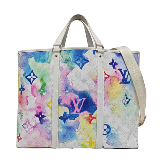 LOUIS VUITTON WEEK-END Large size white coated canvas Monogram vintage print single shoulder bag with handle, silver hardware, interior pocket, removable shoulder strap-(SKU)-965602289