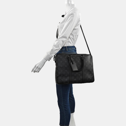LOUIS VUITTON PORTFOLIO Small size black coated canvas monogram shoulder bag crossbody bag handbag with silver hardware and removable shoulder strap-(SKU)-965586116