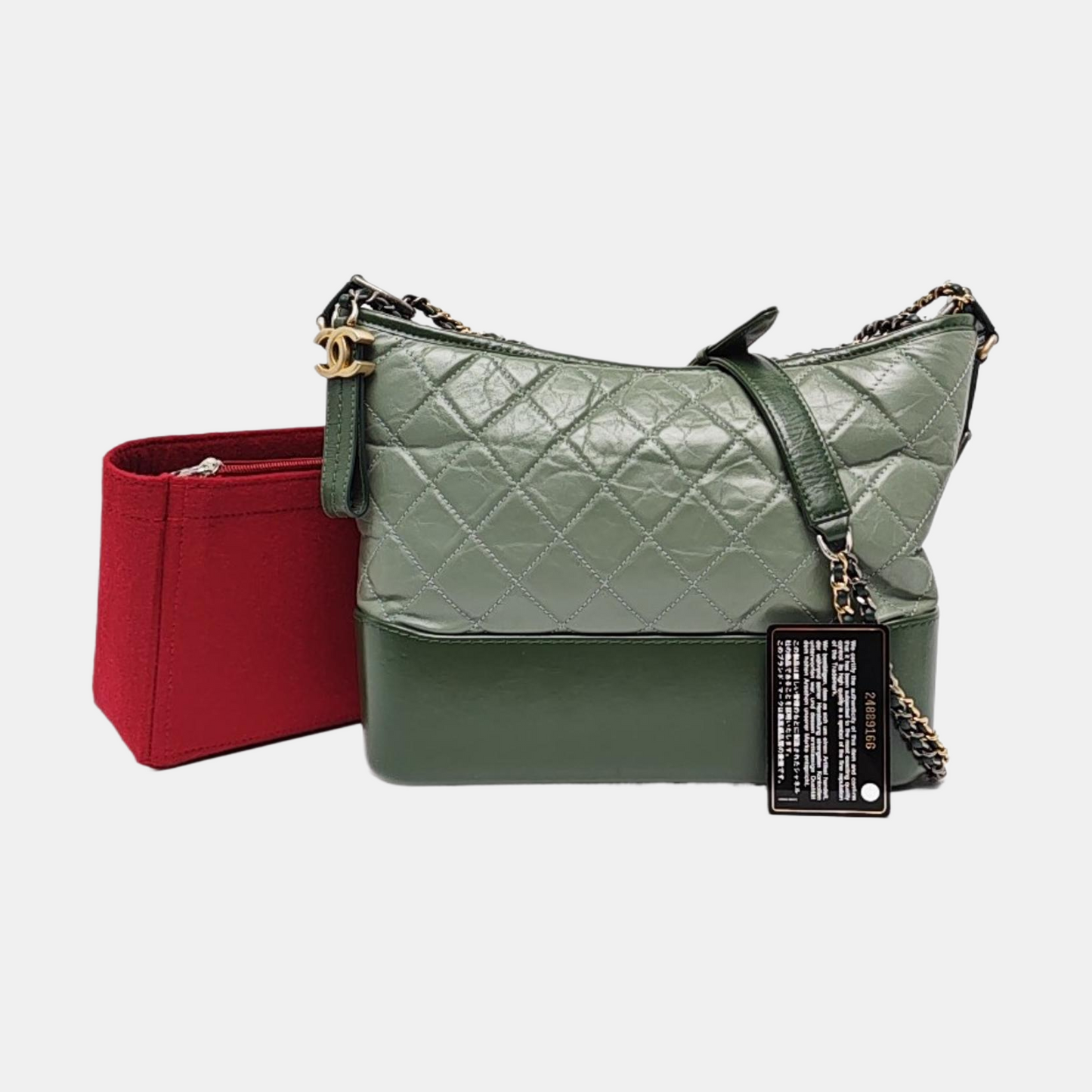 CHANEL GABRIELLE Medium Green Leather Quilted Single Shoulder Bag 24 Clasp Golden Hardware Removable Strap-(SKU)-965602113