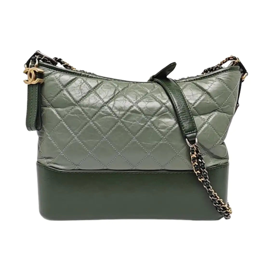 CHANEL GABRIELLE Medium Green Leather Quilted Single Shoulder Bag 24 Clasp Golden Hardware Removable Strap-(SKU)-965602113