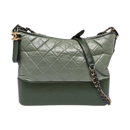 CHANEL GABRIELLE Medium Green Leather Quilted Single Shoulder Bag 24 Clasp Golden Hardware Removable Strap-(SKU)-965602113
