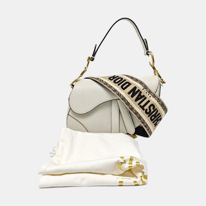 DIOR Saddle Mini White Calfskin Monogrammed Saddle Bag, Shoulder Bag, Handbag with Gold Hardware, Detachable Strap-(SKU)-965570201