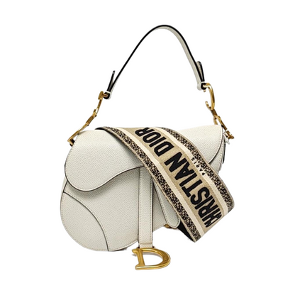 DIOR Saddle Mini White Calfskin Monogrammed Saddle Bag, Shoulder Bag, Handbag with Gold Hardware, Detachable Strap-(SKU)-965570201