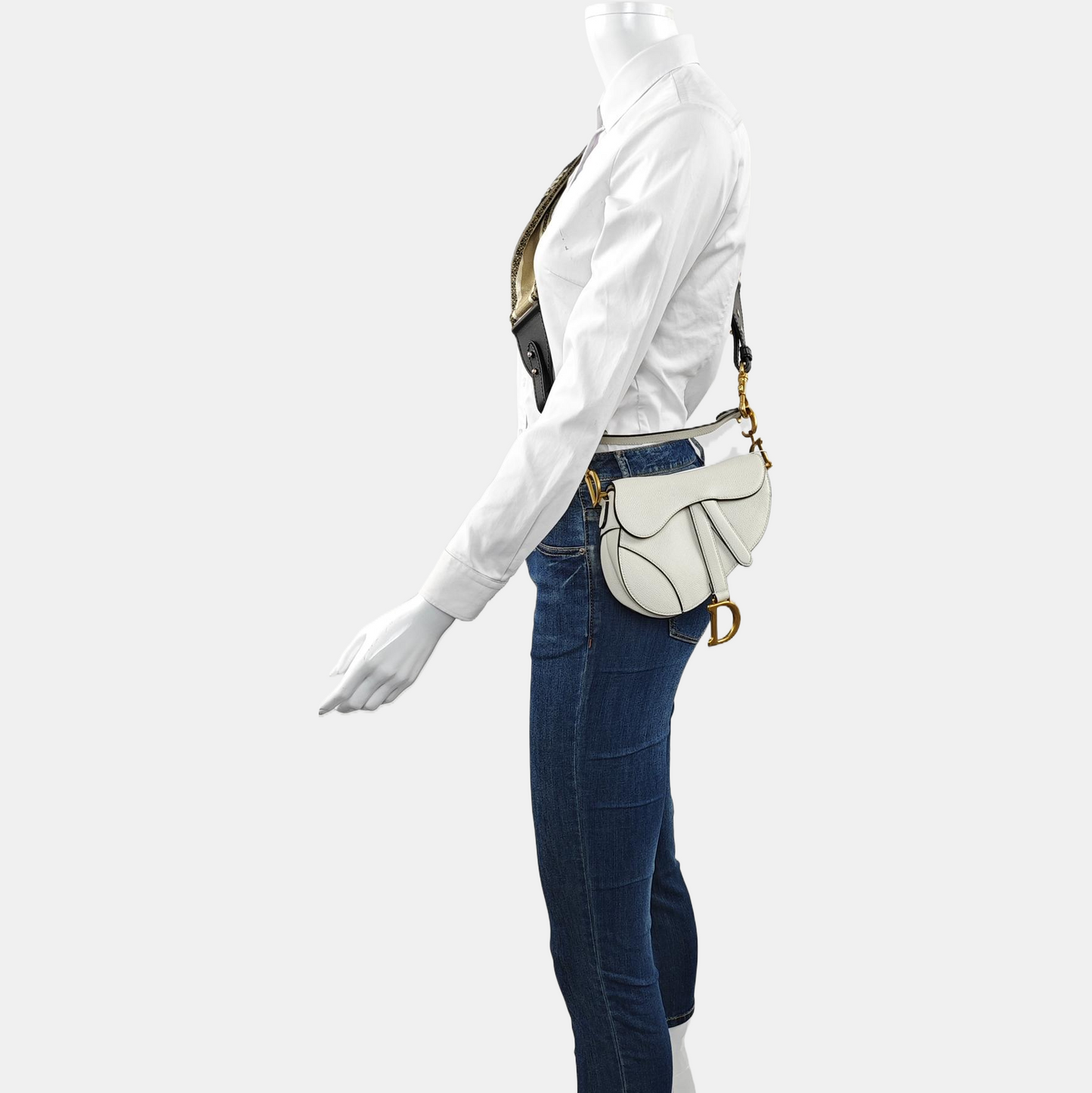 DIOR Saddle Mini White Calfskin Monogrammed Saddle Bag, Shoulder Bag, Handbag with Gold Hardware, Detachable Strap-(SKU)-965570201