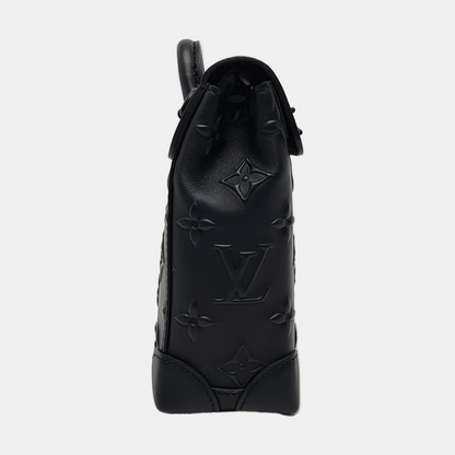 LOUIS VUITTON STEAMER Extra Small Black Leather Embossed Shoulder Bag with Shoulder Strap, Gold Hardware, Removable Shoulder Strap-(SKU)-965312772