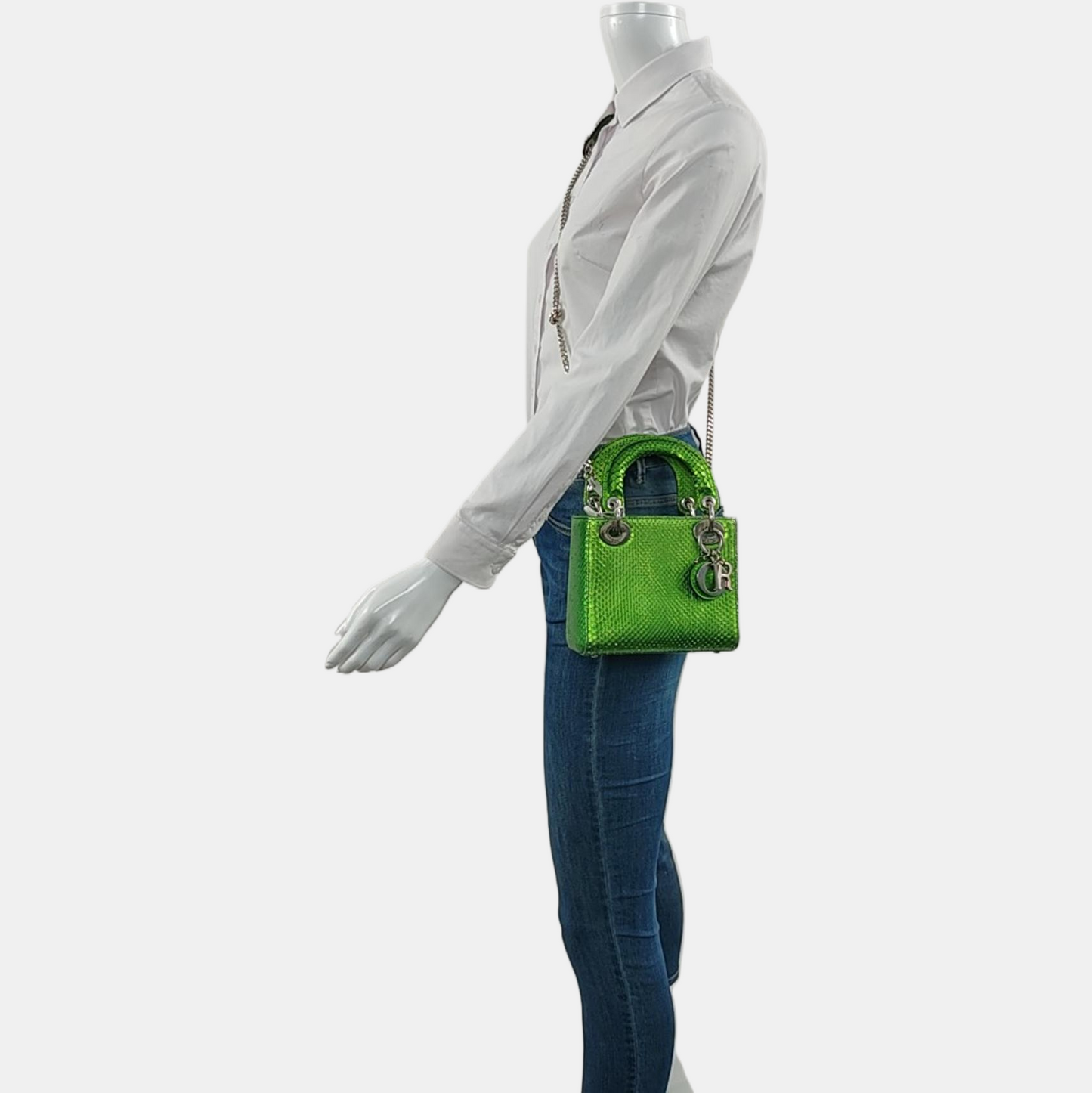 DIOR Lady Dior Mini Green Snake Skin Matelassé Shoulder Bag Handbag Crossbody Bag Silver Hardware Removable Strap-(SKU)-965435914