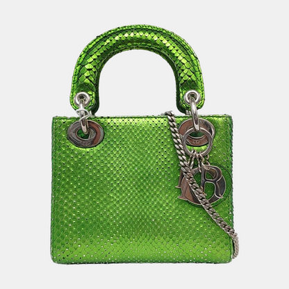 DIOR Lady Dior Mini Green Snake Skin Matelassé Shoulder Bag Handbag Crossbody Bag Silver Hardware Removable Strap-(SKU)-965435914