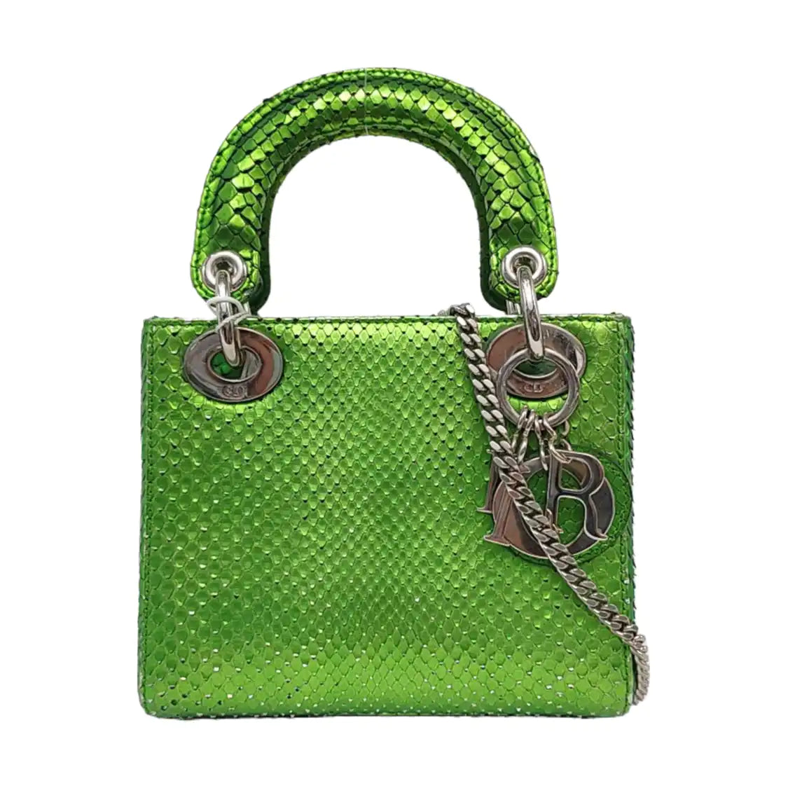 DIOR Lady Dior Mini Green Snake Skin Matelassé Shoulder Bag Handbag Crossbody Bag Silver Hardware Removable Strap-(SKU)-965435914