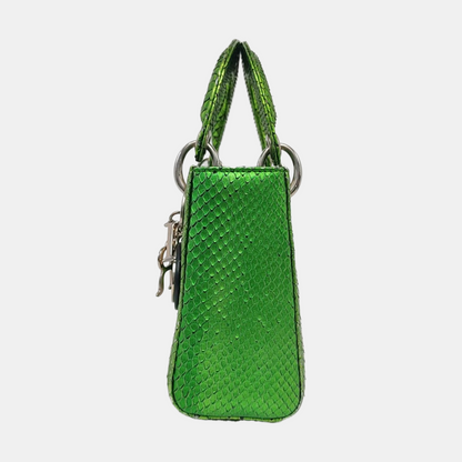 DIOR Lady Dior Mini Green Snake Skin Matelassé Shoulder Bag Handbag Crossbody Bag Silver Hardware Removable Strap-(SKU)-965435914