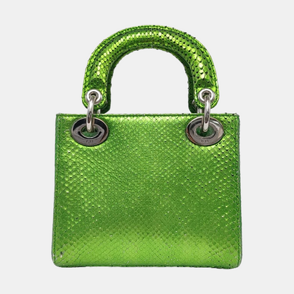 DIOR Lady Dior Mini Green Snake Skin Matelassé Shoulder Bag Handbag Crossbody Bag Silver Hardware Removable Strap-(SKU)-965435914
