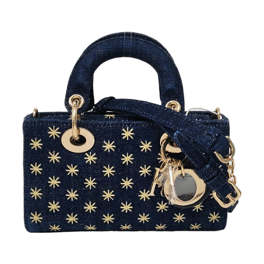 DIOR Lady D-Joy Super Mini Blue Denim Embroidered Crossbody Shoulder Bag Tote Bag Golden Hardware 2 Removable Shoulder Straps Complete Accessories-(SKU)-965662345