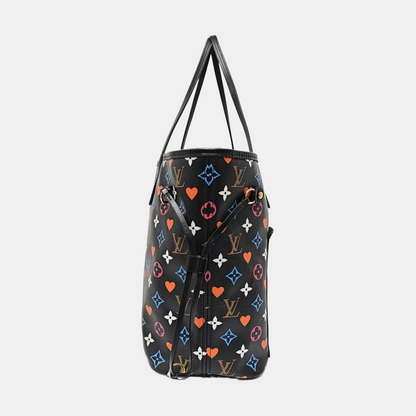 LOUIS VUITTON NEVERFULL Medium Black Coated Canvas Monogram Shopping Tote Shoulder Bag Tote Bag Gold Hardware Pockets-(SKU)-965551078