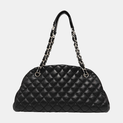 CHANEL JUST MADEMOISELLE Black Calfskin Quilted Monogram Shoulder Bag Tote Bag Silver Hardware 15 Clasp-(SKU)-965696016