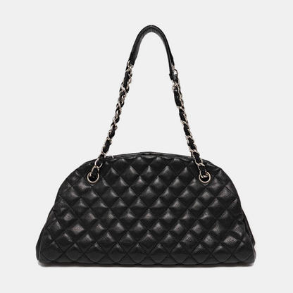 CHANEL JUST MADEMOISELLE Black Calfskin Quilted Monogram Shoulder Bag Tote Bag Silver Hardware 15 Clasp-(SKU)-965696016