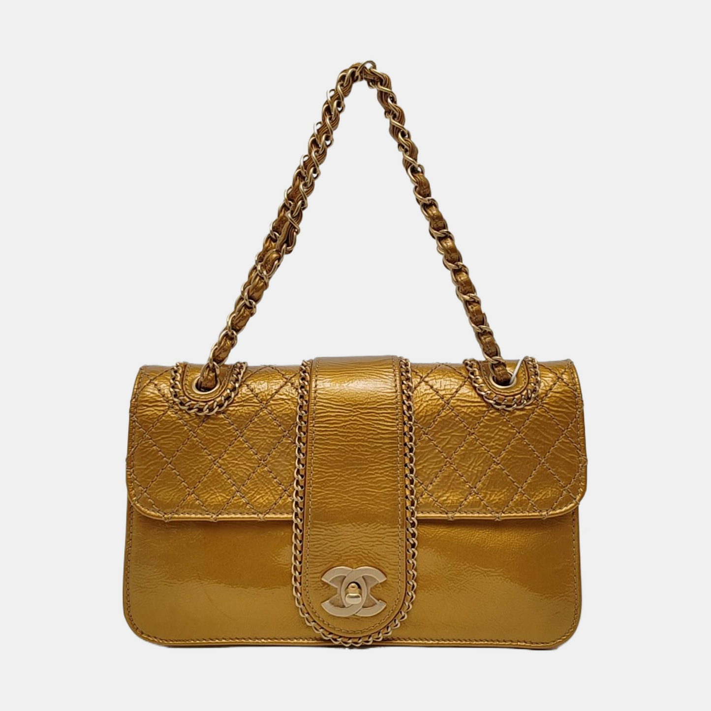 CHANEL MADISON Yellow Patent Leather Quilted Shoulder Bag, Gold Hardware, 11 Compartments-(SKU)-965813701