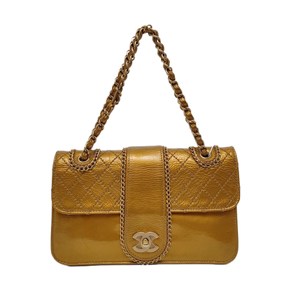 CHANEL MADISON Yellow Patent Leather Quilted Shoulder Bag, Gold Hardware, 11 Compartments-(SKU)-965813701
