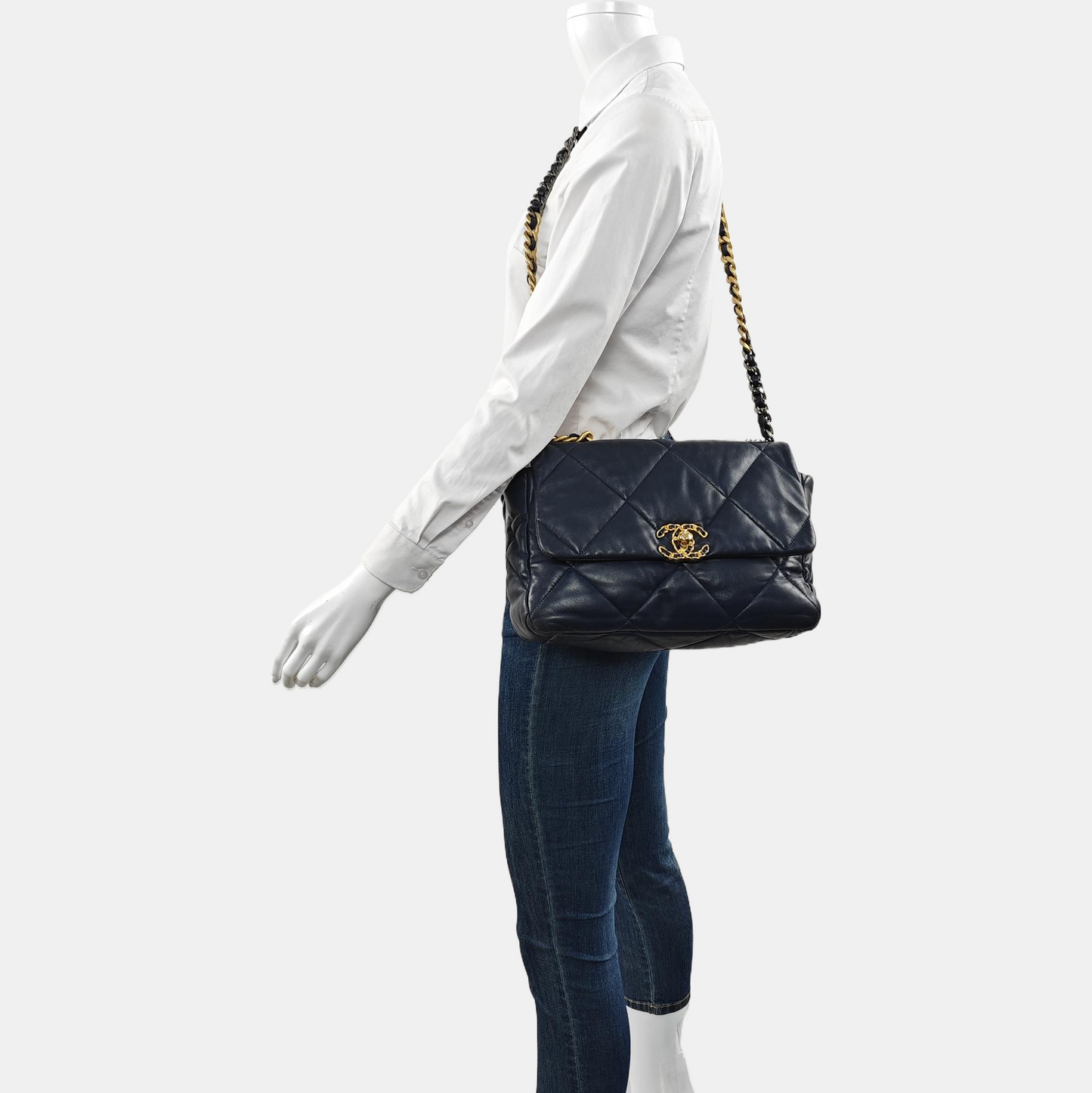 CHANEL CHANEL 19 Large Size Blue Lambskin Diamond Quilted Single Shoulder Bag Tote with Gold, Silver, Ruthenium Hardware 30 Compartments-(SKU)-965310361