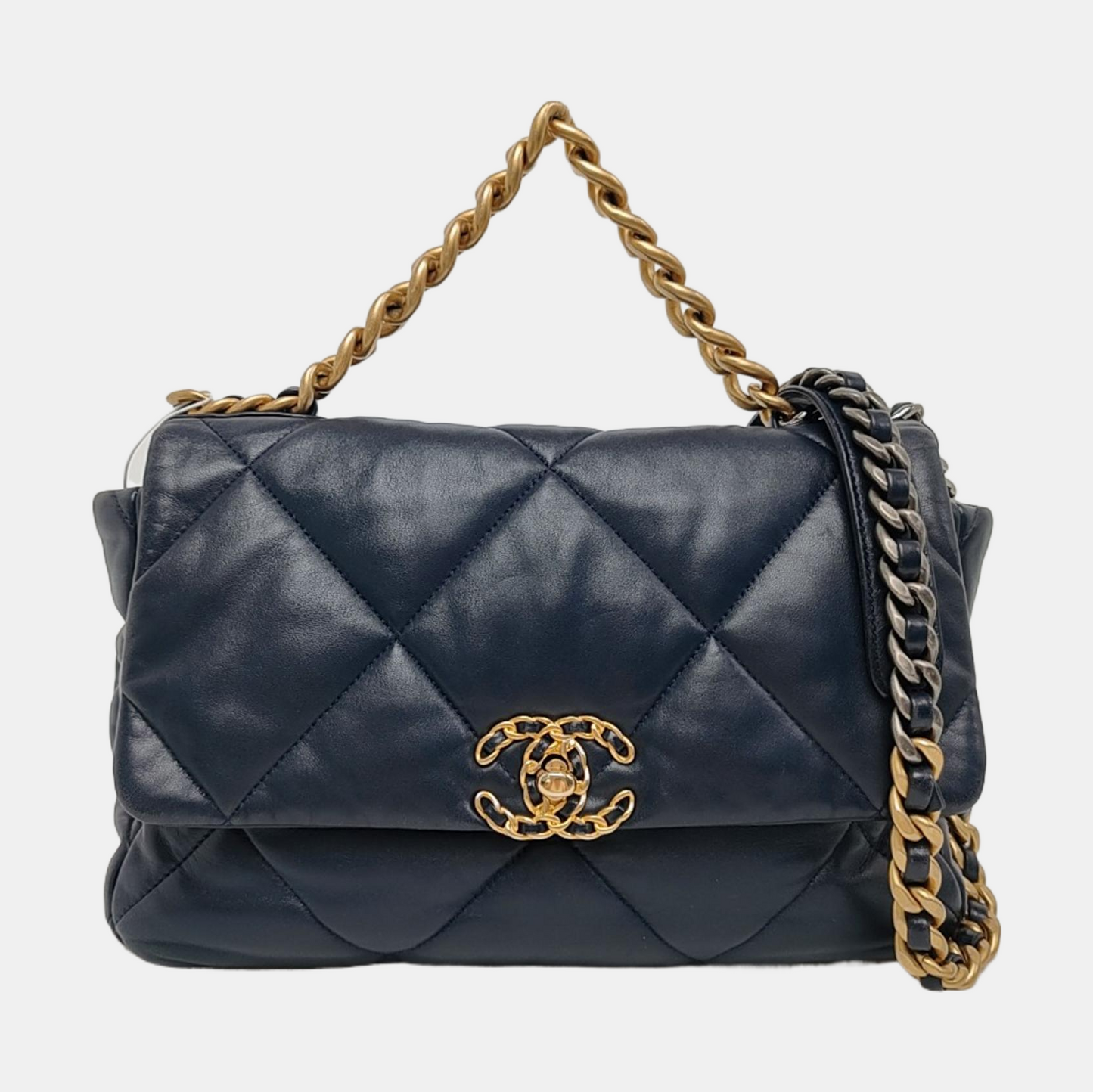 CHANEL CHANEL 19 Large Size Blue Lambskin Diamond Quilted Single Shoulder Bag Tote with Gold, Silver, Ruthenium Hardware 30 Compartments-(SKU)-965310361