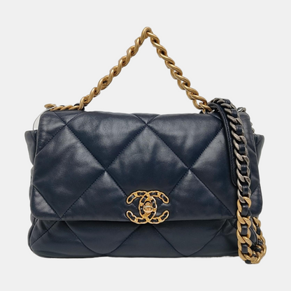 CHANEL CHANEL 19 Large Size Blue Lambskin Diamond Quilted Single Shoulder Bag Tote with Gold, Silver, Ruthenium Hardware 30 Compartments-(SKU)-965310361