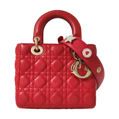 DIOR Lady Dior Small Red Lambskin Quilted Cannage Diagonal Shoulder Bag with Detachable Strap-(SKU)-965676680
