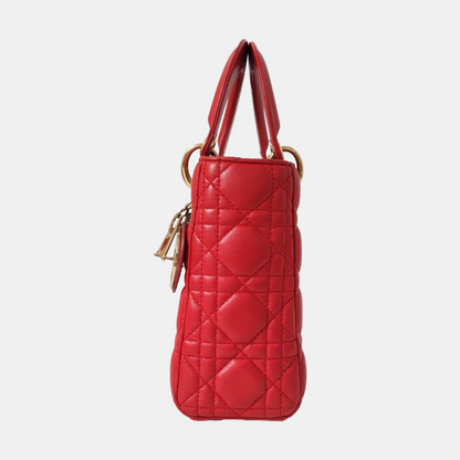 DIOR Lady Dior Small Red Lambskin Quilted Cannage Diagonal Shoulder Bag with Detachable Strap-(SKU)-965676680