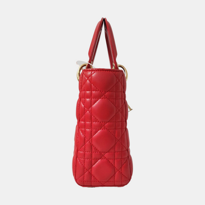 DIOR Lady Dior Small Red Lambskin Quilted Cannage Diagonal Shoulder Bag with Detachable Strap-(SKU)-965676680