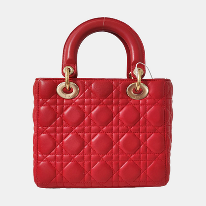 DIOR Lady Dior Small Red Lambskin Quilted Cannage Diagonal Shoulder Bag with Detachable Strap-(SKU)-965676680