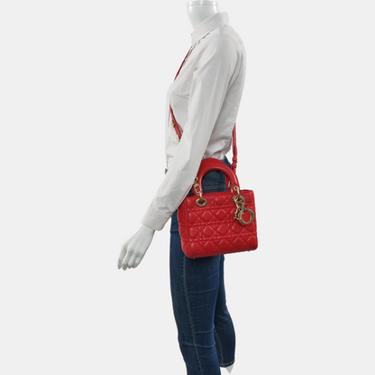 DIOR Lady Dior Small Red Lambskin Quilted Cannage Diagonal Shoulder Bag with Detachable Strap-(SKU)-965676680