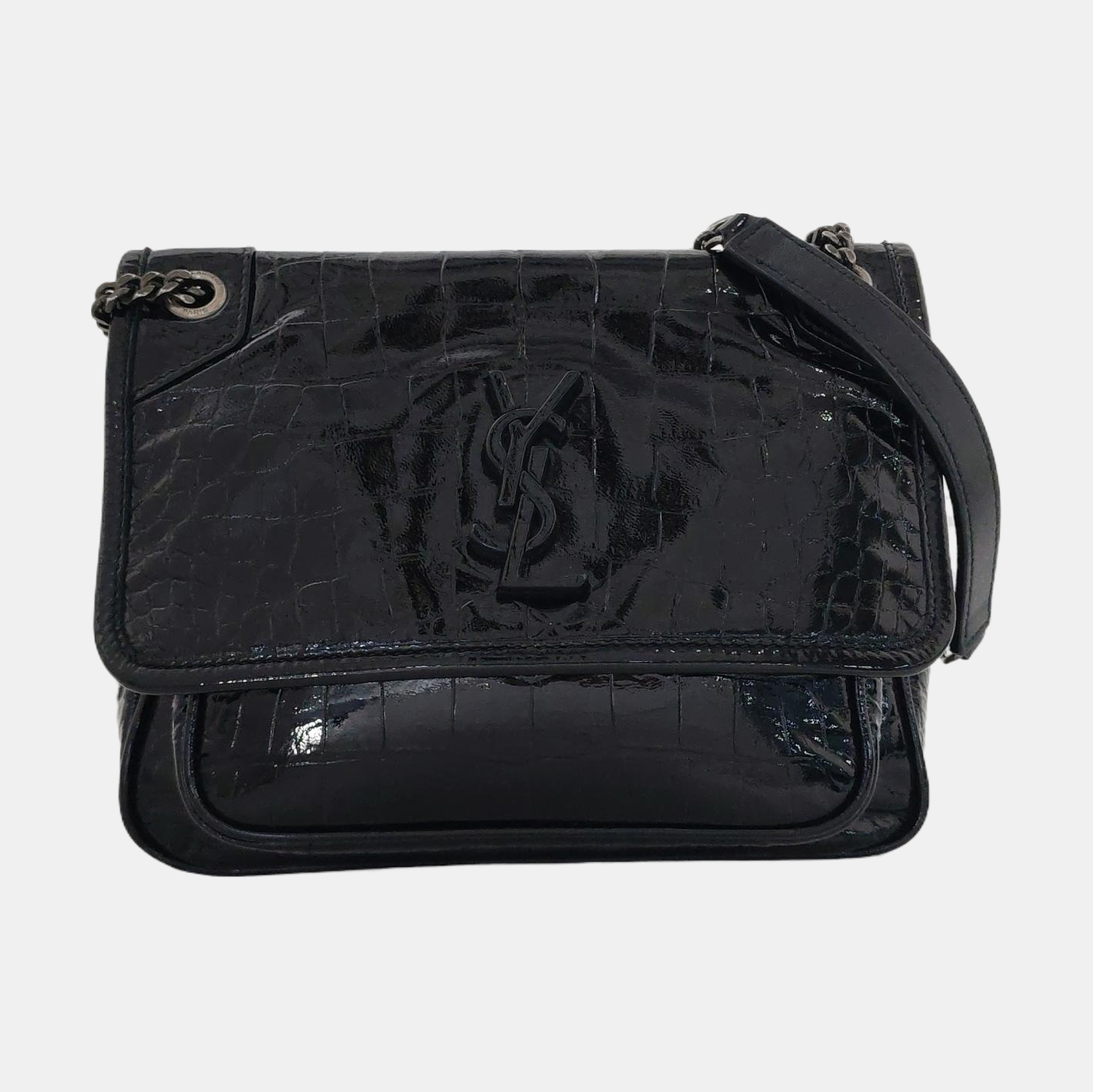YSL NIKI Small Size Black Patent Leather Crocodile Embossed Single Shoulder Bag Crossbody Bag Palladium Hardware-(SKU)-965692565