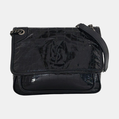 YSL NIKI Small Size Black Patent Leather Crocodile Embossed Single Shoulder Bag Crossbody Bag Palladium Hardware-(SKU)-965692565
