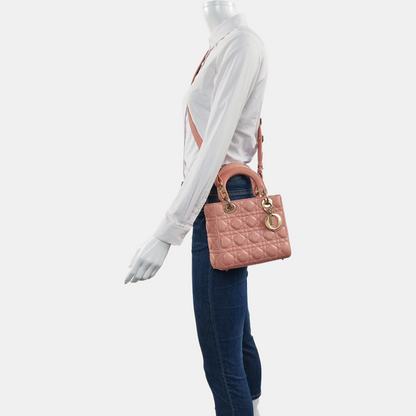 DIOR Lady Dior Small Size Pink Lamb Leather Quilted Cannage Bag with Detachable Strap-(SKU)-965734341