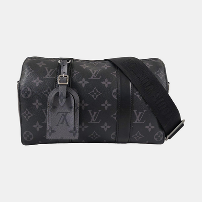 LOUIS VUITTON KEEPALL Black Coated Canvas Monogram Black Samurai Crossbody Bag Shoulder Bag Silver Hardware Removable Strap-(SKU)-965838556