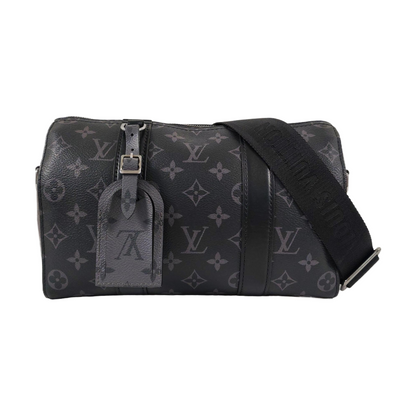 LOUIS VUITTON KEEPALL Black Coated Canvas Monogram Black Samurai Crossbody Bag Shoulder Bag Silver Hardware Removable Strap-(SKU)-965838556