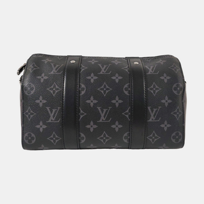 LOUIS VUITTON KEEPALL Black Coated Canvas Monogram Black Samurai Crossbody Bag Shoulder Bag Silver Hardware Removable Strap-(SKU)-965838556