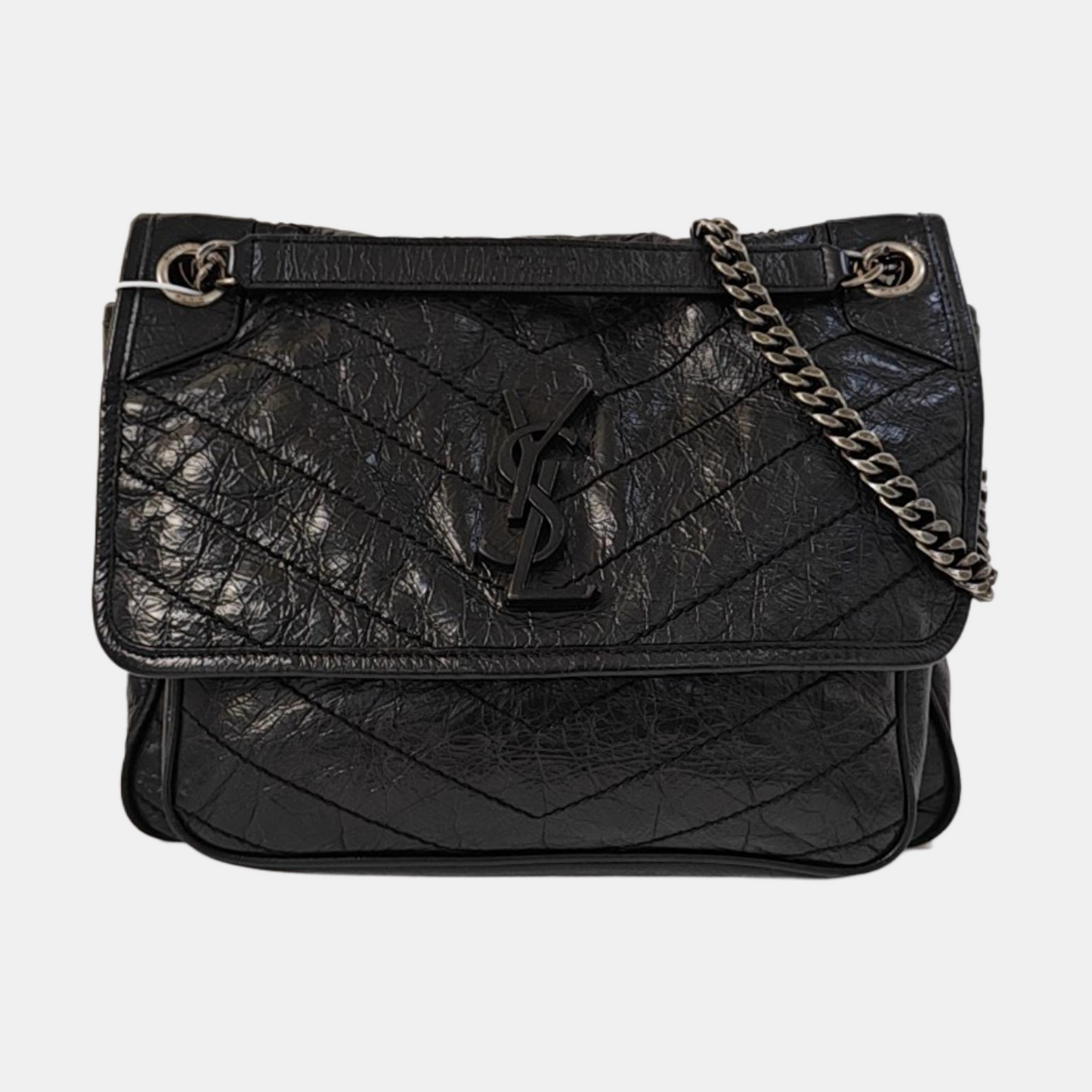 YSL NIKI Medium Size Black Leather Quilted V-Shape Shoulder Bag with Black Ruthenium Hardware-(SKU)-966134744