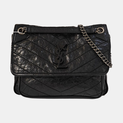 YSL NIKI Medium Size Black Leather Quilted V-Shape Shoulder Bag with Black Ruthenium Hardware-(SKU)-966134744