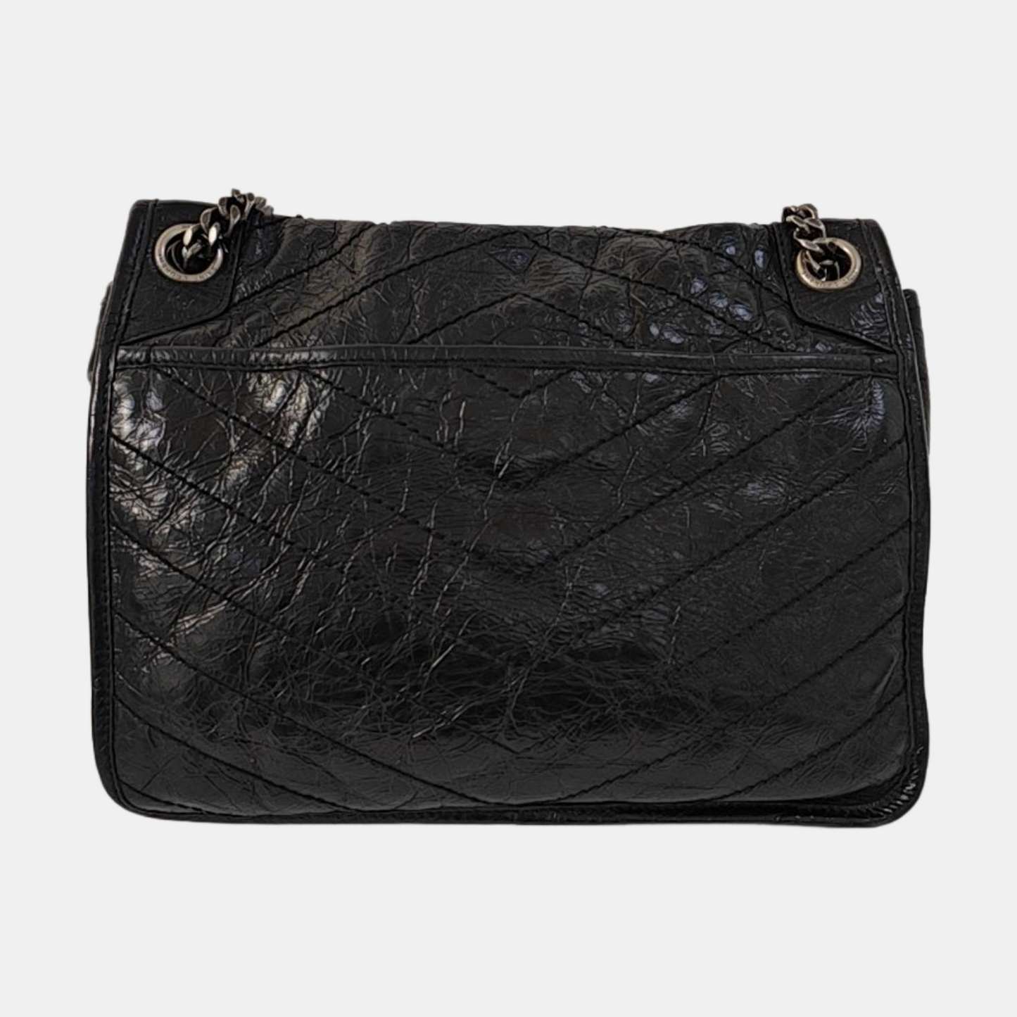 YSL NIKI Medium Size Black Leather Quilted V-Shape Shoulder Bag with Black Ruthenium Hardware-(SKU)-966134744