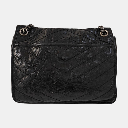 YSL NIKI Medium Size Black Leather Quilted V-Shape Shoulder Bag with Black Ruthenium Hardware-(SKU)-966134744