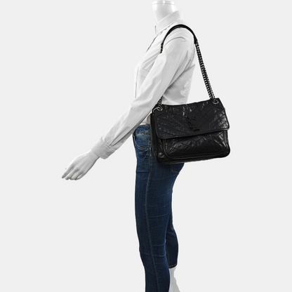 YSL NIKI Medium Size Black Leather Quilted V-Shape Shoulder Bag with Black Ruthenium Hardware-(SKU)-966134744