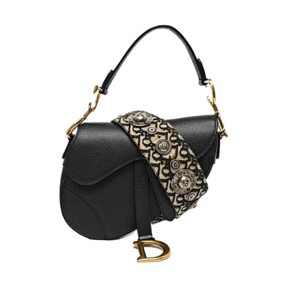 DIOR Saddle Mini Black Leather Saddle Bag Shoulder Bag Crossbody Bag Tote Bag Golden Hardware Removable Strap-(SKU)-964856493