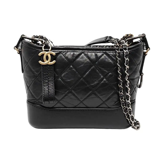 CHANEL GABRIELLE Small Black Leather Quilted Intrecciato Bag Crossbody Bag Single Shoulder Bag Golden Silver Ruthenium Hardware 26cm Removable Strap Accessories Complete-(SKU)-949455868
