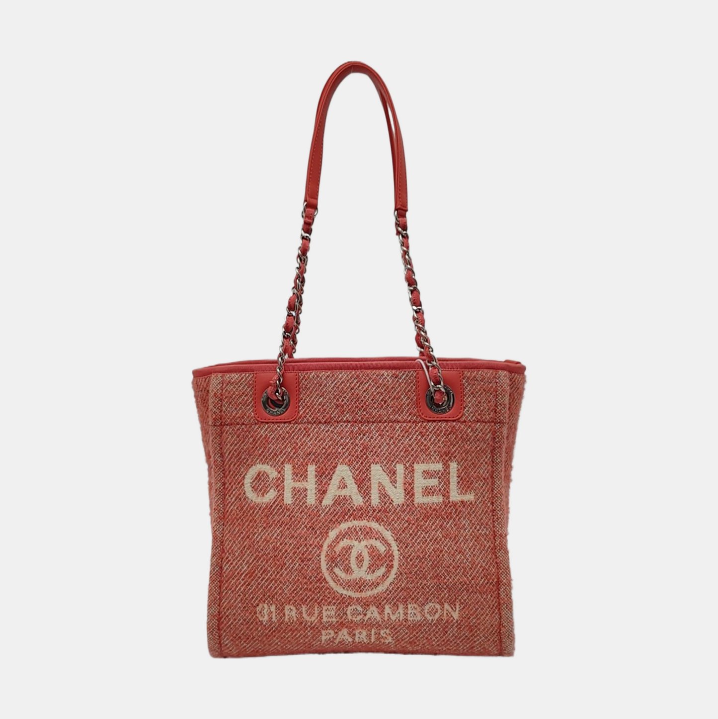 CHANEL DEAUVILLE Red Fabric Jacquard Beach Bag Single Shoulder Bag Tote Bag with Silver Hardware-(SKU)-965966407