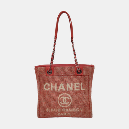 CHANEL DEAUVILLE Red Fabric Jacquard Beach Bag Single Shoulder Bag Tote Bag with Silver Hardware-(SKU)-965966407