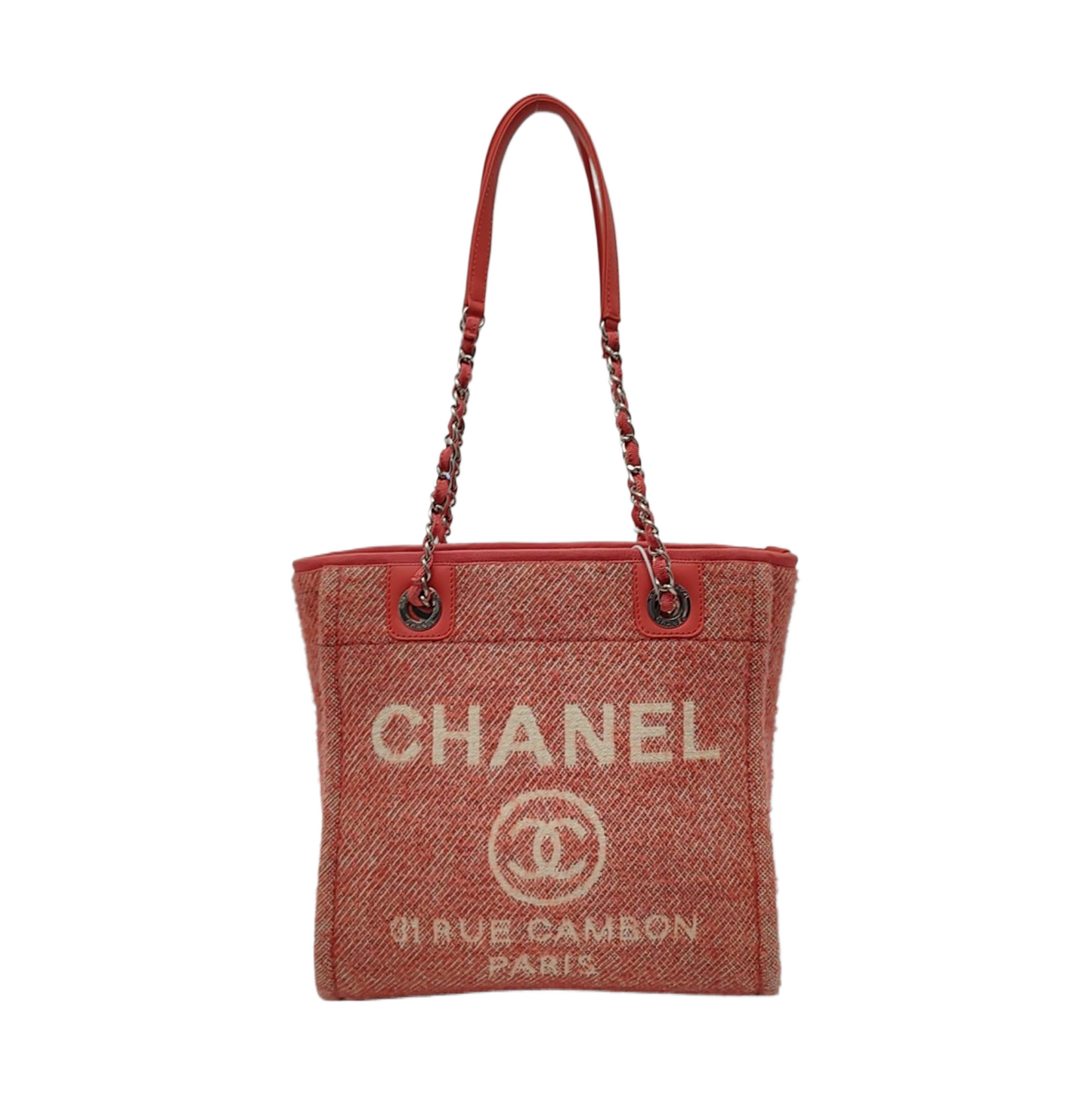 CHANEL DEAUVILLE Red Fabric Jacquard Beach Bag Single Shoulder Bag Tote Bag with Silver Hardware-(SKU)-965966407