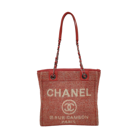 CHANEL DEAUVILLE Red Fabric Jacquard Beach Bag Single Shoulder Bag Tote Bag with Silver Hardware-(SKU)-965966407